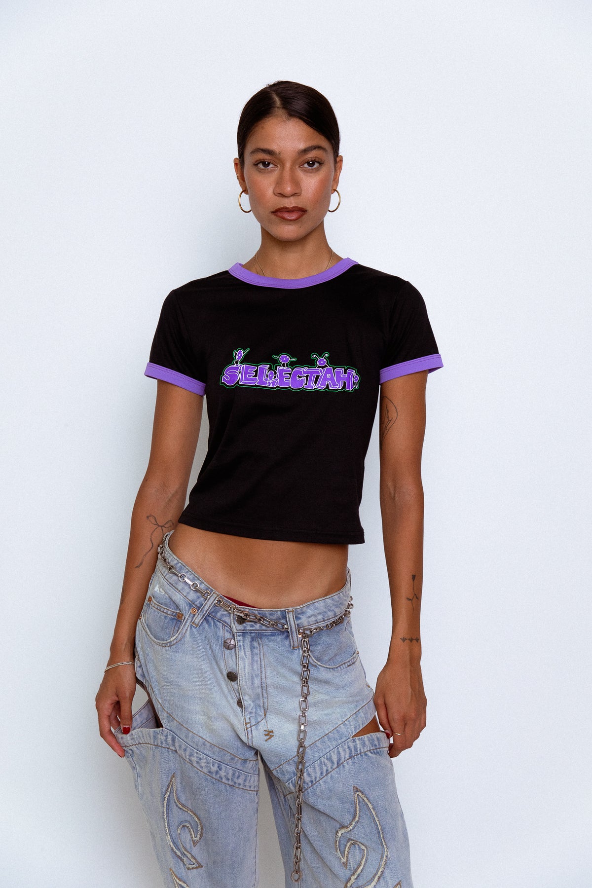 'SELECTAH' ringer tee in Black & Purple