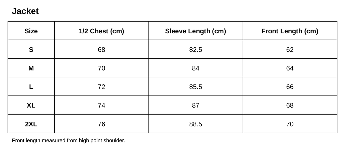 REVERSIBLE HIGH NECK ZIP JACKET size chart